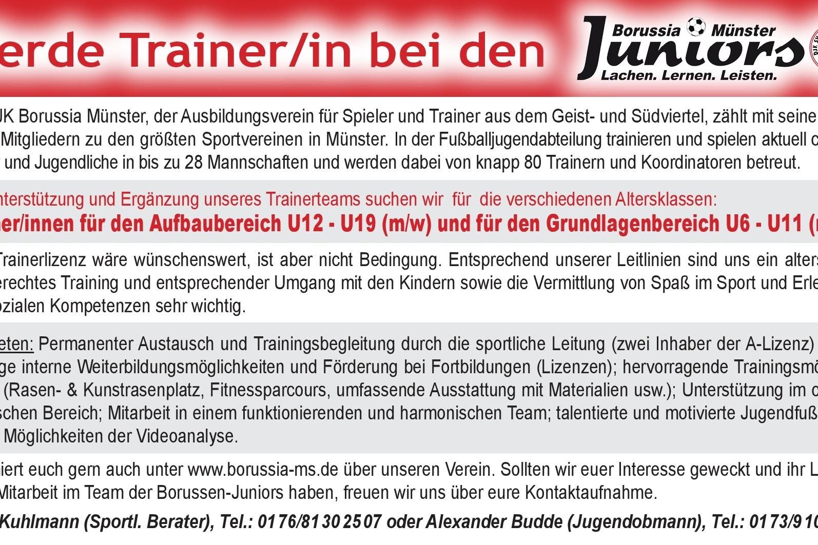 Stellenanzeige f&uuml;r Trainer bei DJK Borussia M&uuml;nster mit Informationen zu Altersklassen und Kontaktperson.
