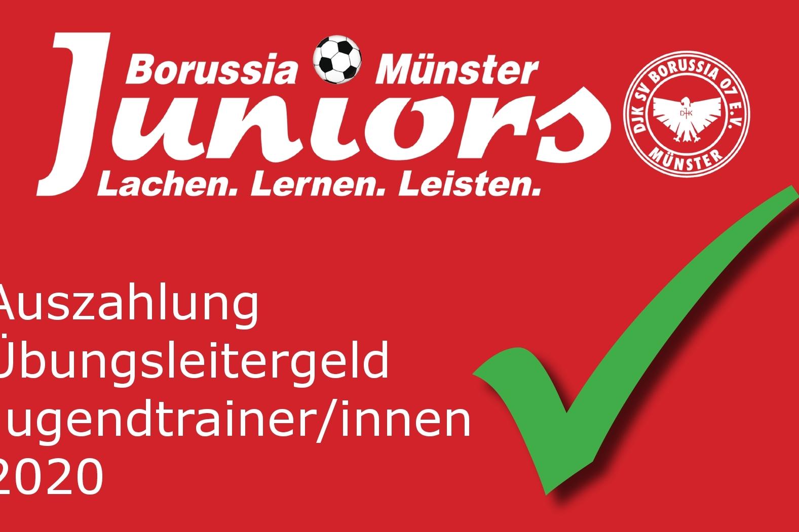 Logo von Borussia M&uuml;nster Junior mit Text zur Auszahlung von &Uuml;bungsleitergeld f&uuml;r Jugendtrainer 2020 auf rotem Hintergrund.