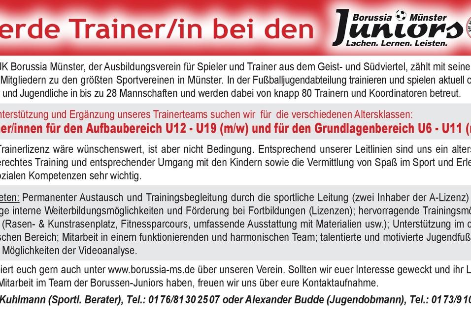 Stellenanzeige f&uuml;r Trainer bei DJK Borussia M&uuml;nster mit Informationen zu Altersklassen und Kontaktperson.