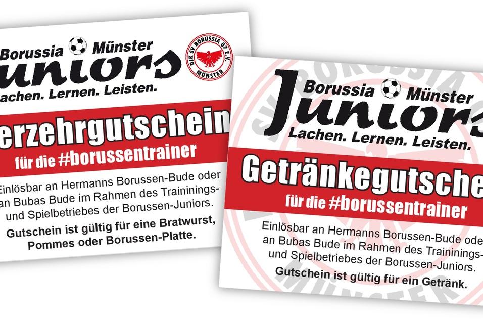 Zwei Gutscheine f&uuml;r Borussia M&uuml;nster Juniors: Verzehr- und Getr&auml;nkegutschein mit Details zu Einl&ouml;sestellen und G&uuml;ltigkeit.