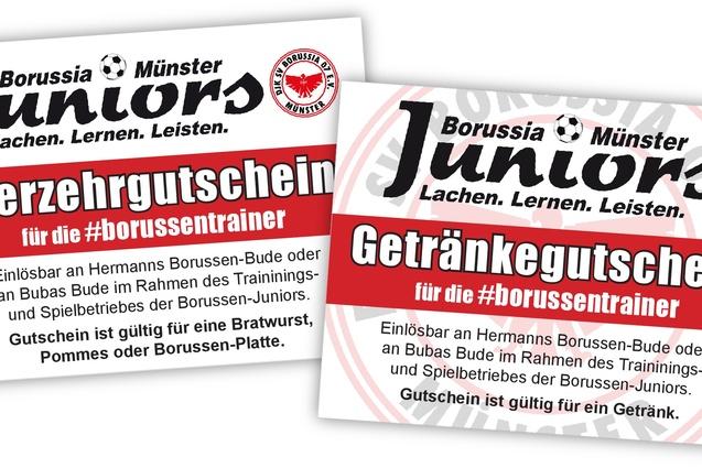 Zwei Gutscheine f&uuml;r Borussia M&uuml;nster Juniors: Verzehr- und Getr&auml;nkegutschein mit Details zu Einl&ouml;sestellen und G&uuml;ltigkeit.
