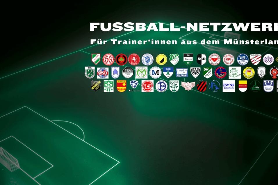 Grafik eines Fu&szlig;ballfeldes mit Logo- und Vereinsabzeichen von Trainingsnetzwerken aus dem M&uuml;nsterland oben.
