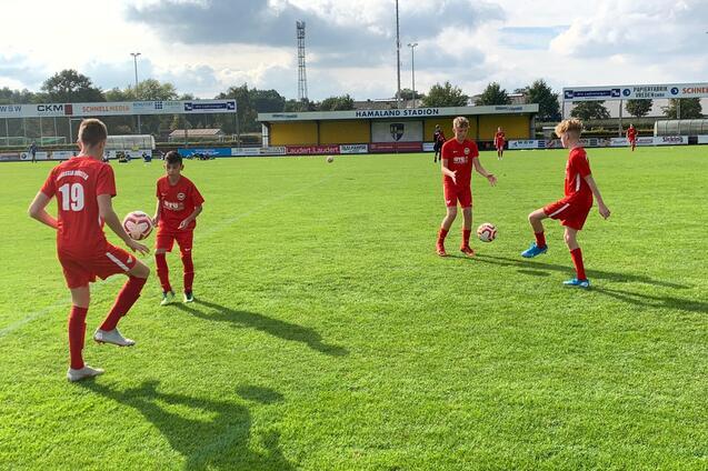 Vier Kinder in roten Fu&szlig;balltrikots &uuml;ben mit B&auml;llen auf einem gr&uuml;nen Rasenplatz unter leicht bew&ouml;lktem Himmel.