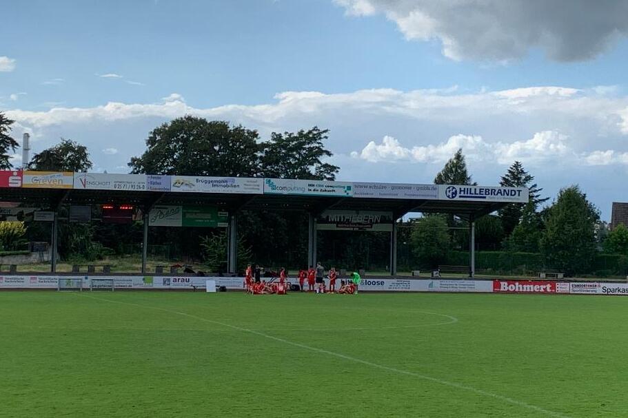 Gr&uuml;ne Fu&szlig;ballfeld mit einer Gruppe von Spielern auf einem Seitenwechsel, umgeben von B&auml;umen und einer Wolkenlandschaft.