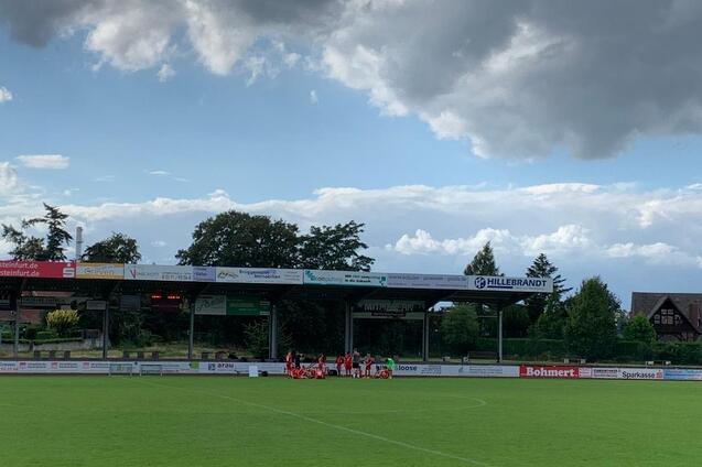 Gr&uuml;ne Fu&szlig;ballfeld mit einer Gruppe von Spielern auf einem Seitenwechsel, umgeben von B&auml;umen und einer Wolkenlandschaft.