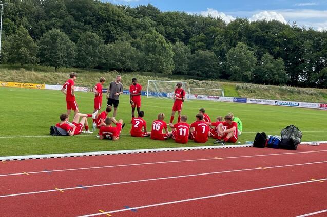 Eine Fu&szlig;ballmannschaft in roten Trikots sitzt und steht auf einer Wiese, umgeben von B&auml;umen und einem Sportplatz.