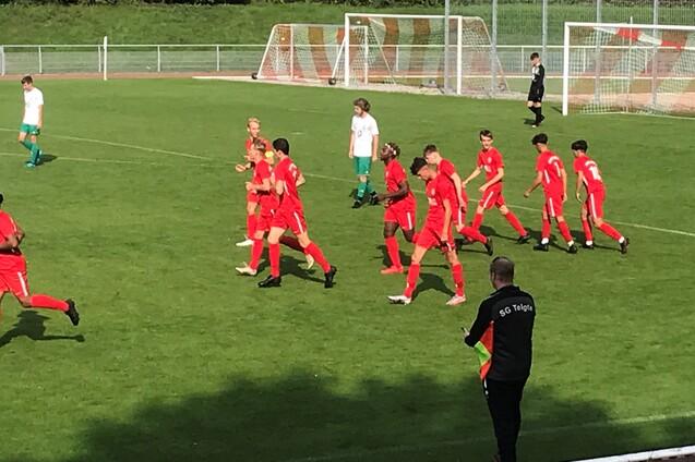 Fu&szlig;ballmannschaft in roten Trikots feiert einen Treffer auf dem Spielfeld mit Toren im Hintergrund.
