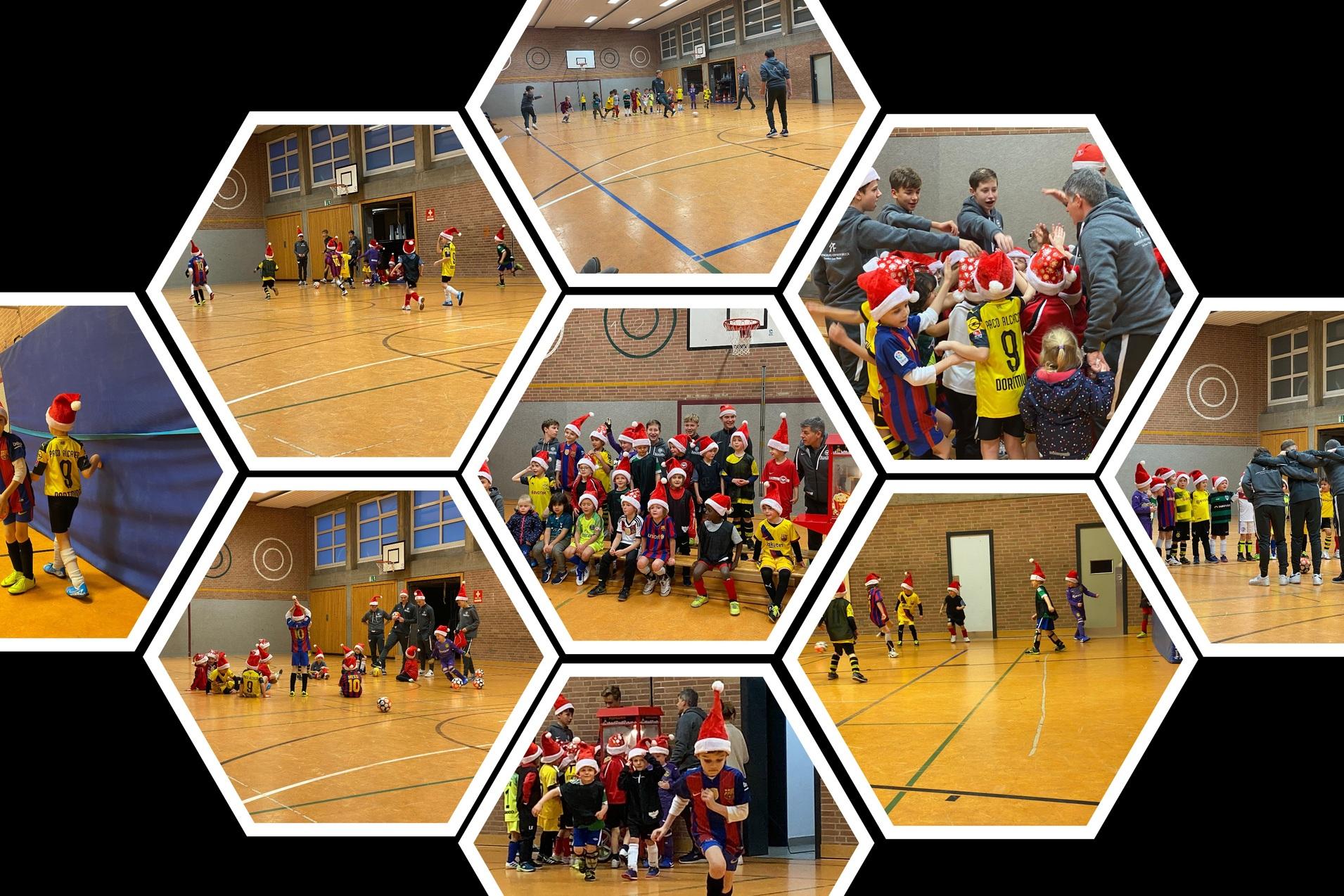 Kinder in Weihnachtsm&uuml;tzen spielen in einer Sporthalle und versammeln sich zu einem Gruppenfoto.