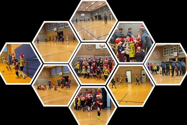Kinder in Weihnachtsm&uuml;tzen spielen in einer Sporthalle und versammeln sich zu einem Gruppenfoto.