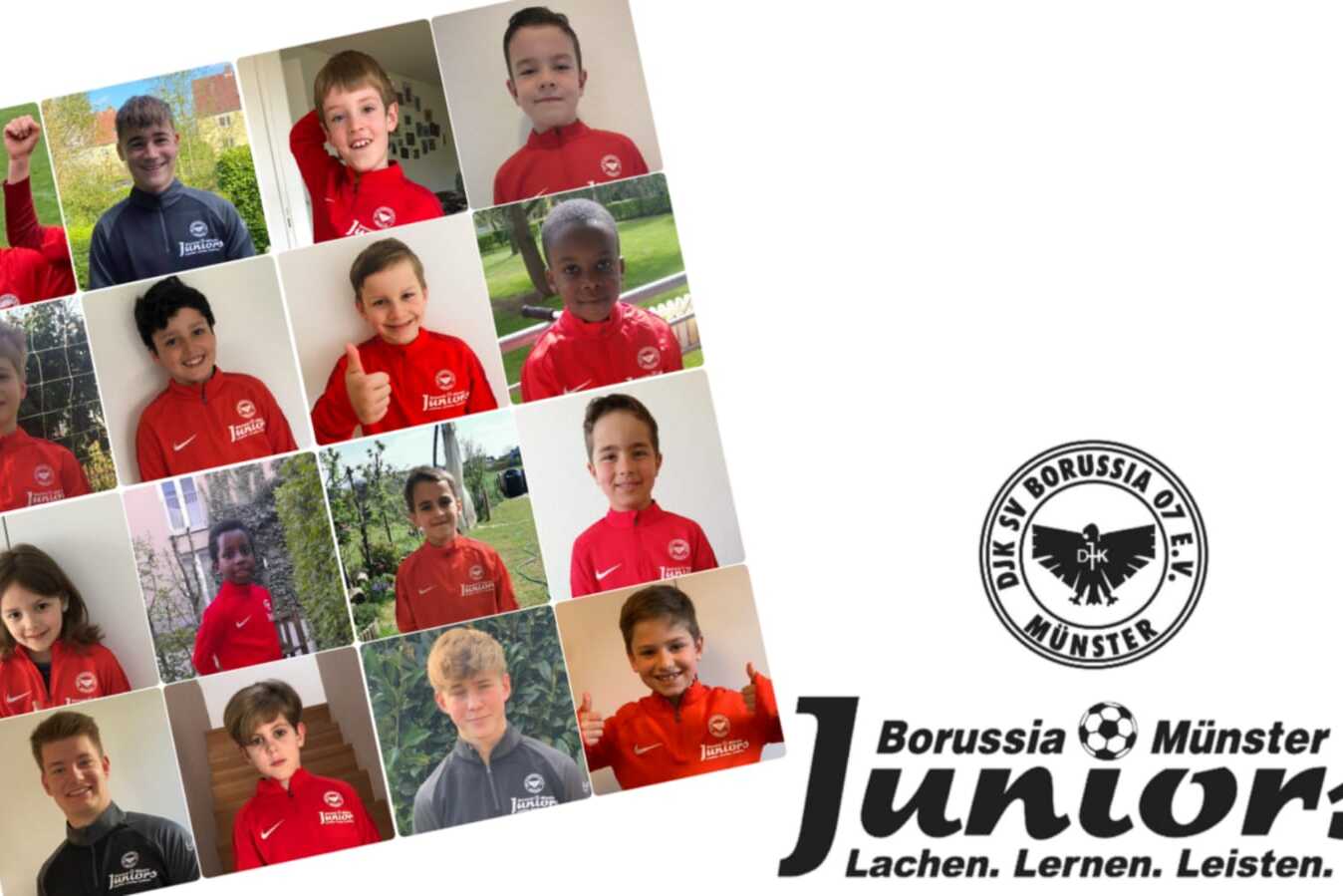 Collage aus Portr&auml;ts von Jugendlichen in roten Trikots des Vereins Borussia M&uuml;nster, mit Vereinslogo und Slogan.