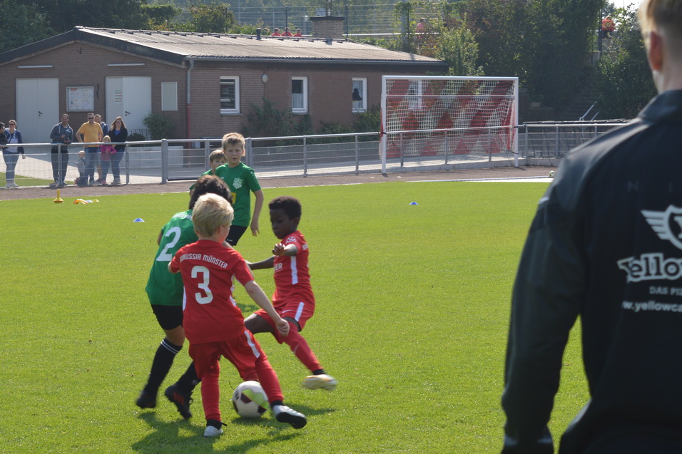 Zwei Kinder in roten Trikots spielen Fu&szlig;ball gegen ein Kind in gr&uuml;nem Trikot auf einem Rasenplatz.