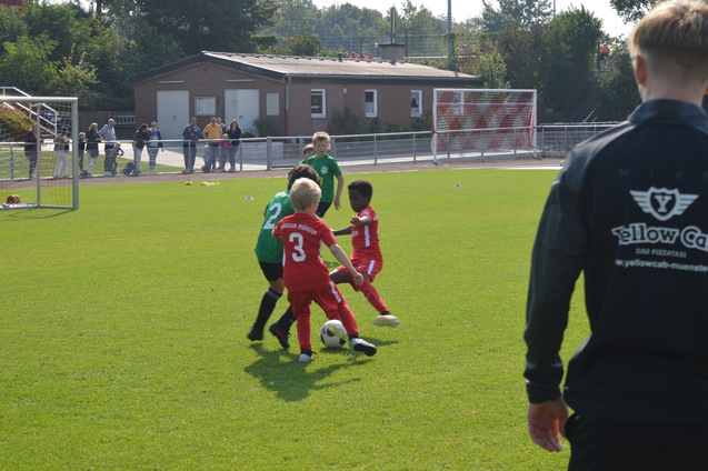 Zwei Kinder in roten Trikots spielen Fu&szlig;ball gegen ein Kind in gr&uuml;nem Trikot auf einem Rasenplatz.