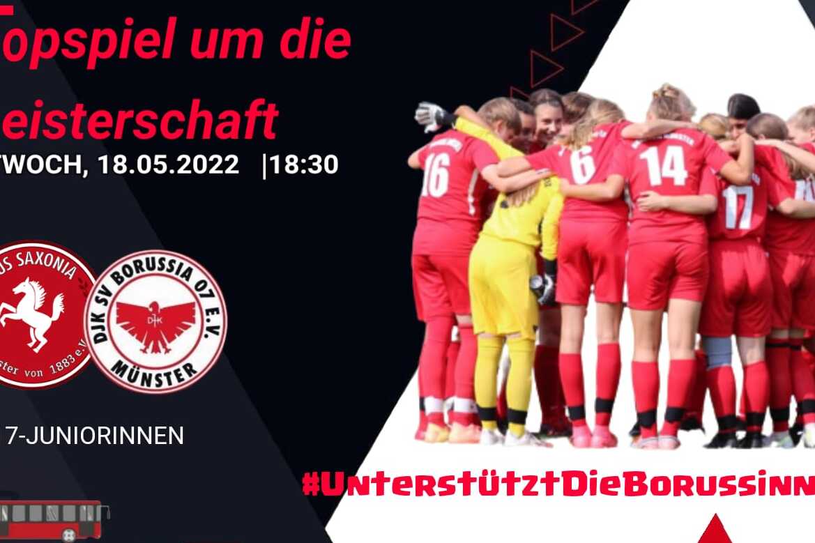 Plakat f&uuml;r ein U17-Fu&szlig;ballspiel zwischen FUS Sachsen und Borussia M&uuml;nster mit spielenden M&auml;dchen in roten Trikots.