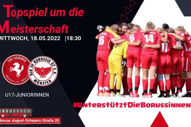 Plakat f&uuml;r ein U17-Fu&szlig;ballspiel zwischen FUS Sachsen und Borussia M&uuml;nster mit spielenden M&auml;dchen in roten Trikots.