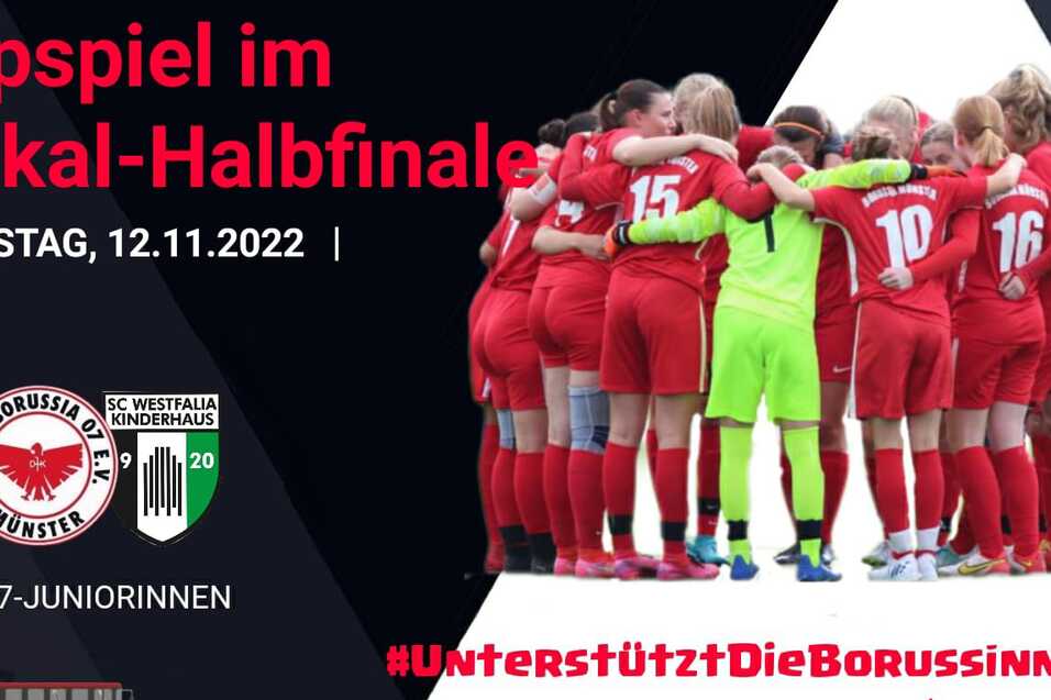 Gruppe von weiblichen Fu&szlig;ballspielerinnen im roten Trikot umarmt sich vor einem Spiel, mit Textinformationen &uuml;ber das Event.