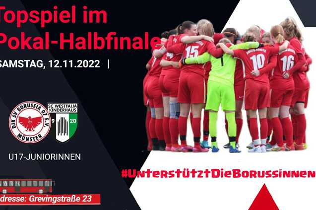 Gruppe von weiblichen Fu&szlig;ballspielerinnen im roten Trikot umarmt sich vor einem Spiel, mit Textinformationen &uuml;ber das Event.
