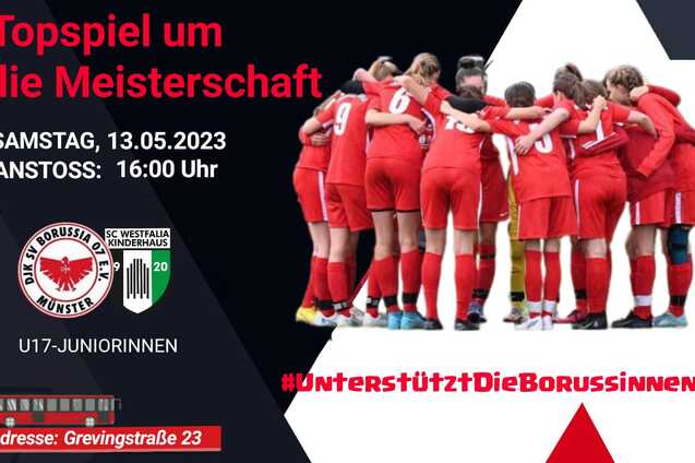 Mannschaft von M&auml;dchen in roten Trikots umarmt sich, w&auml;hrend ein Spiel um die Meisterschaft angek&uuml;ndigt wird.