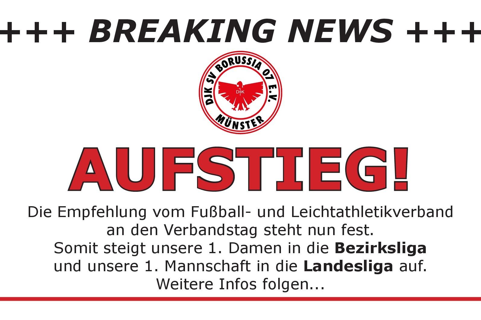 Breaking News-Ank&uuml;ndigung &uuml;ber den Aufstieg von Borussia M&uuml;nster in die Bezirksliga und Landesliga.