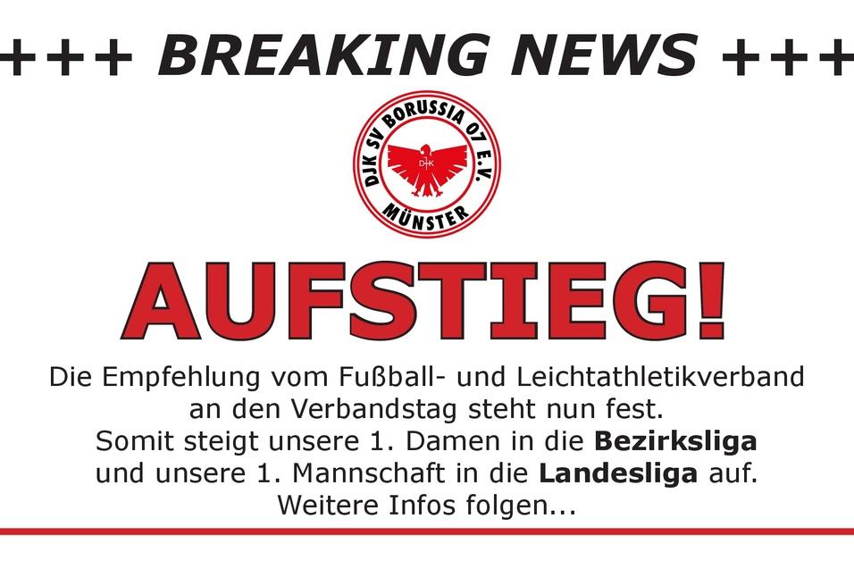 Breaking News-Ank&uuml;ndigung &uuml;ber den Aufstieg von Borussia M&uuml;nster in die Bezirksliga und Landesliga.