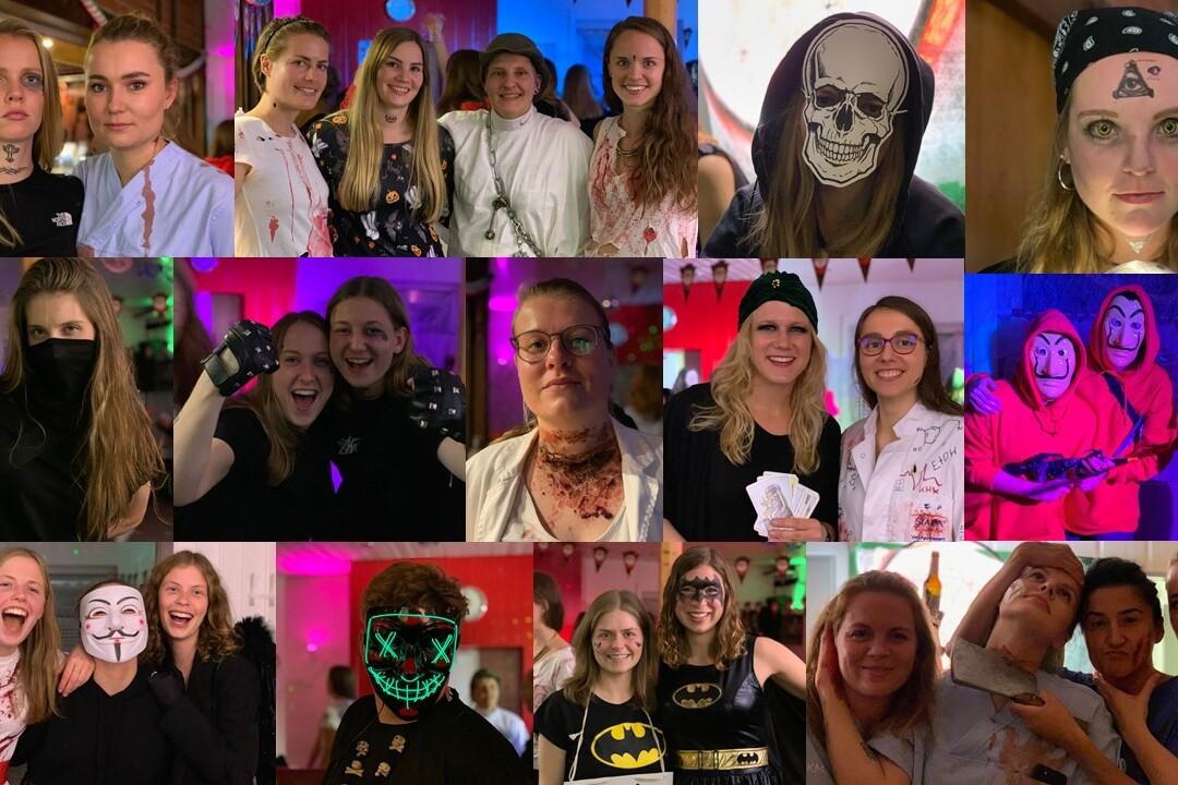 Collage von Partybesuchern in Kost&uuml;men, mit verschiedenen Gesichtsbemalungen und Accessoires, lebhafte Farben im Hintergrund.