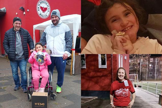 Drei Bilder zeigen eine fr&ouml;hliche Familie: Kinder in einem Rollstuhl, l&auml;chelnde Erwachsene und eine sportliche Atmosph&auml;re.