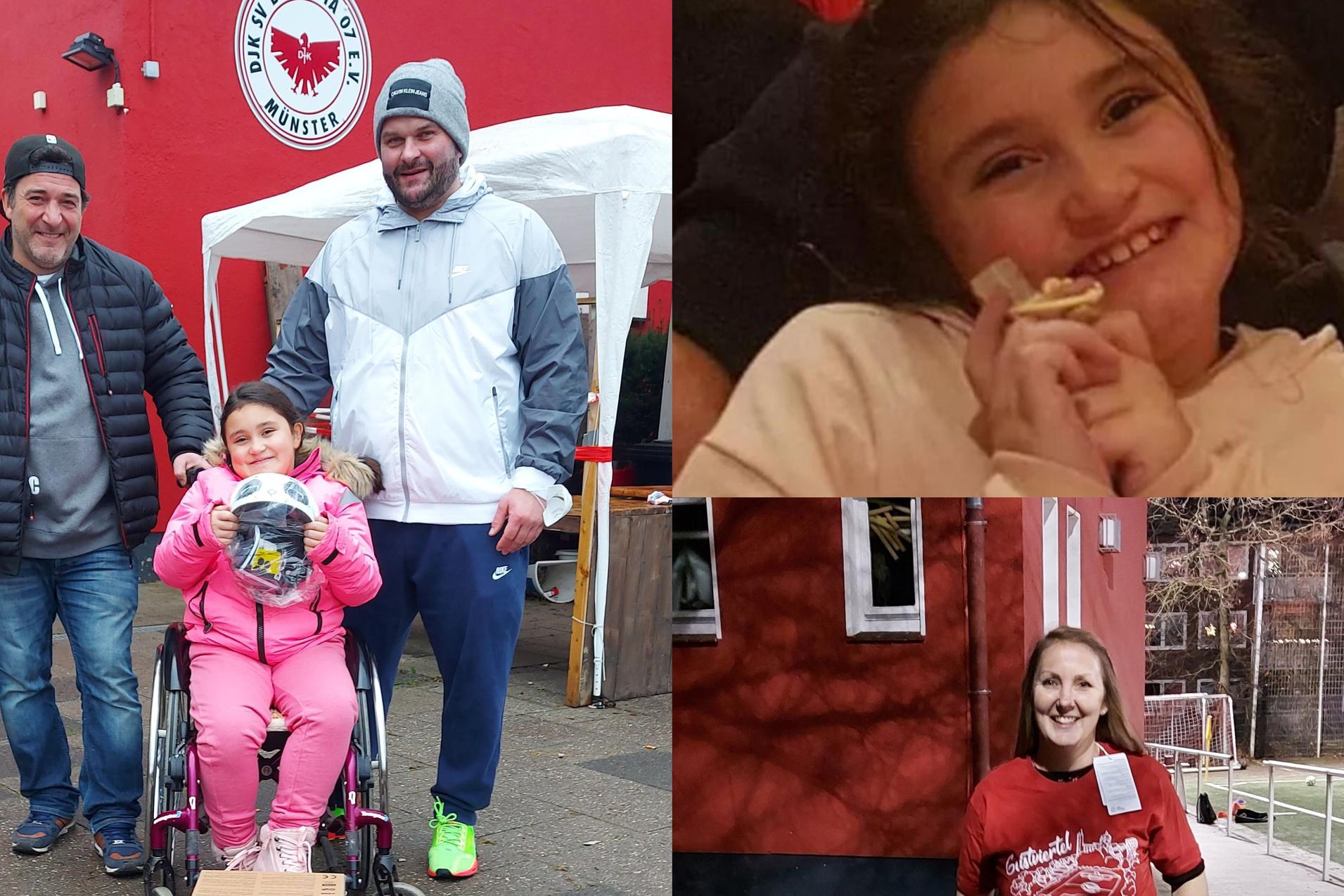 Drei Bilder zeigen eine fr&ouml;hliche Familie: Kinder in einem Rollstuhl, l&auml;chelnde Erwachsene und eine sportliche Atmosph&auml;re.