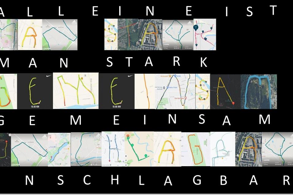 Collage aus Kartenansichten mit den Worten: &bdquo;Alleine ist man stark, gemeinsam unschlagbar&ldquo; in farbigen Linien.