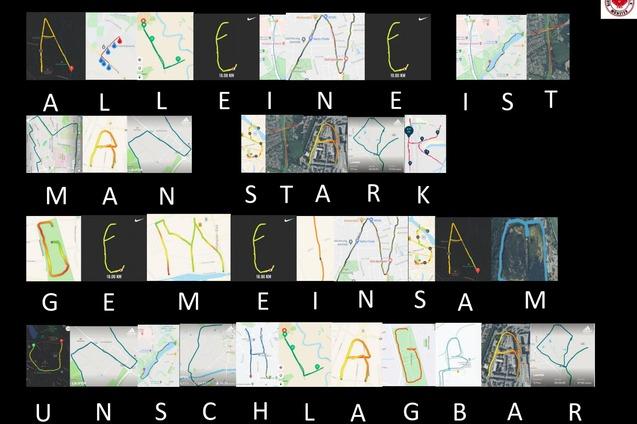 Collage aus Kartenansichten mit den Worten: &bdquo;Alleine ist man stark, gemeinsam unschlagbar&ldquo; in farbigen Linien.
