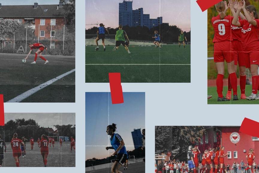 Collage von Fu&szlig;ballspielern, die verschiedene Szenen auf dem Platz und beim Jubeln zeigen. Rote Trikots dominieren das Bild.
