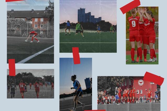 Collage von Fu&szlig;ballspielern, die verschiedene Szenen auf dem Platz und beim Jubeln zeigen. Rote Trikots dominieren das Bild.