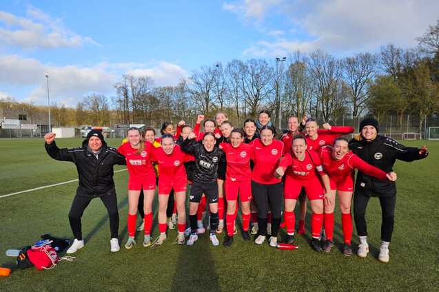 Gruppenzusammenstellung von Frauenfu&szlig;ballspielerinnen in roten Trikots, die jubelnd auf einem Platz posieren.