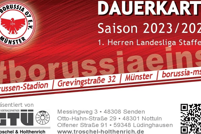 Dauerkarte f&uuml;r die Saison 2023/2024 des SV Borussia M&uuml;nster, inklusive QR-Code und Kontaktinformationen.