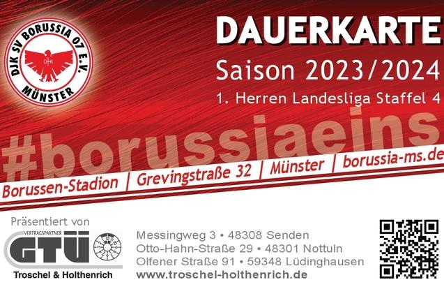 Dauerkarte f&uuml;r die Saison 2023/2024 des SV Borussia M&uuml;nster, inklusive QR-Code und Kontaktinformationen.