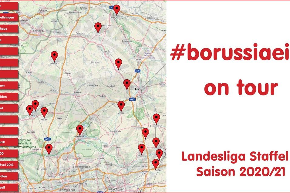 Karte mit markierten Standorten f&uuml;r die #borussiaeins Tour in der Landesliga Staffel 4 Saison 2020/21.