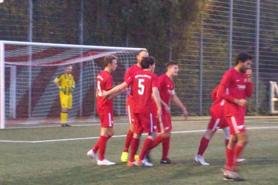 F&uuml;nf Fu&szlig;ballspieler in roten Trikots feiern ein Tor auf einem Kunstrasenfeld, im Hintergrund ein Torwart in Gelb.