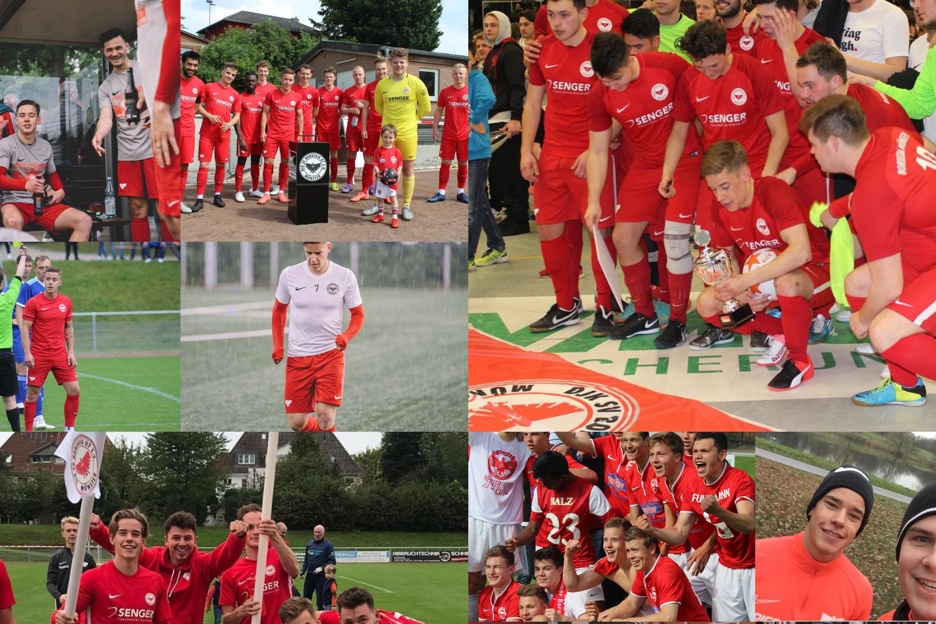 Collage von Fu&szlig;ballspielern in roten Trikots bei verschiedenen Aktivit&auml;ten, einschlie&szlig;lich Spielen, Feiern und Teaminteraktionen.