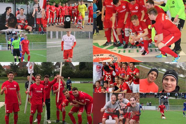 Collage von Fu&szlig;ballspielern in roten Trikots bei verschiedenen Aktivit&auml;ten, einschlie&szlig;lich Spielen, Feiern und Teaminteraktionen.