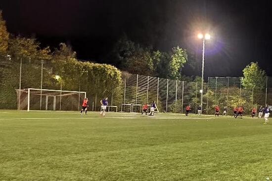 Fu&szlig;ballspiel auf einem Kunstrasenplatz bei Nacht, erhellt durch Flutlichter und umgeben von B&auml;umen.