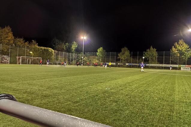 Fu&szlig;ballspiel auf einem Kunstrasenplatz bei Nacht, erhellt durch Flutlichter und umgeben von B&auml;umen.