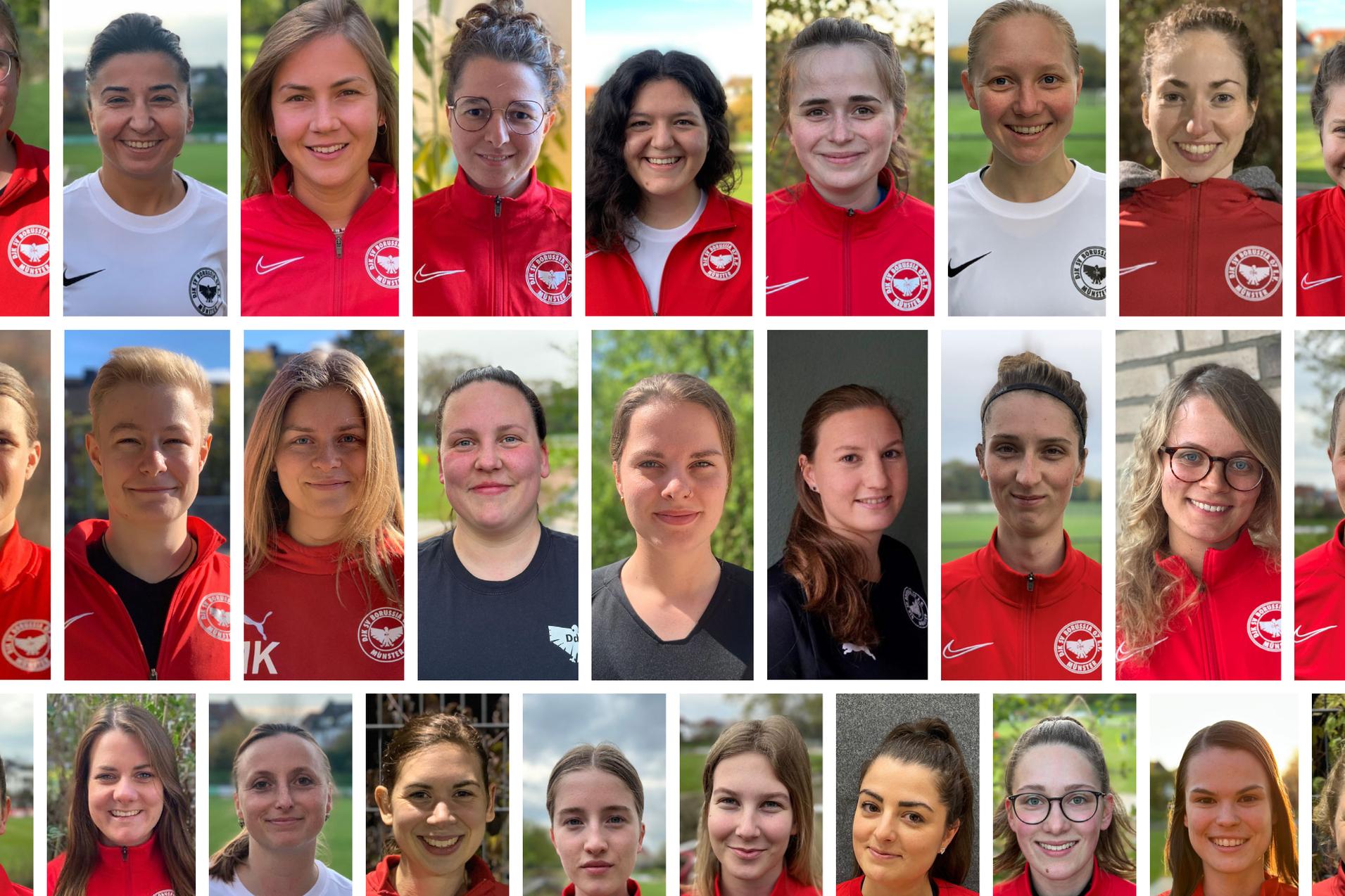 Collage von 20 Portraits junger Frauen in Sportbekleidung, l&auml;chelnd, auf verschiedenen gr&uuml;nen Hintergr&uuml;nden.