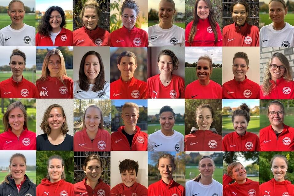 Portr&auml;tcollage von 20 Frauen in roten und wei&szlig;en Fu&szlig;balltrikots, l&auml;chelnd vor unterschiedlichen Hintergr&uuml;nden.
