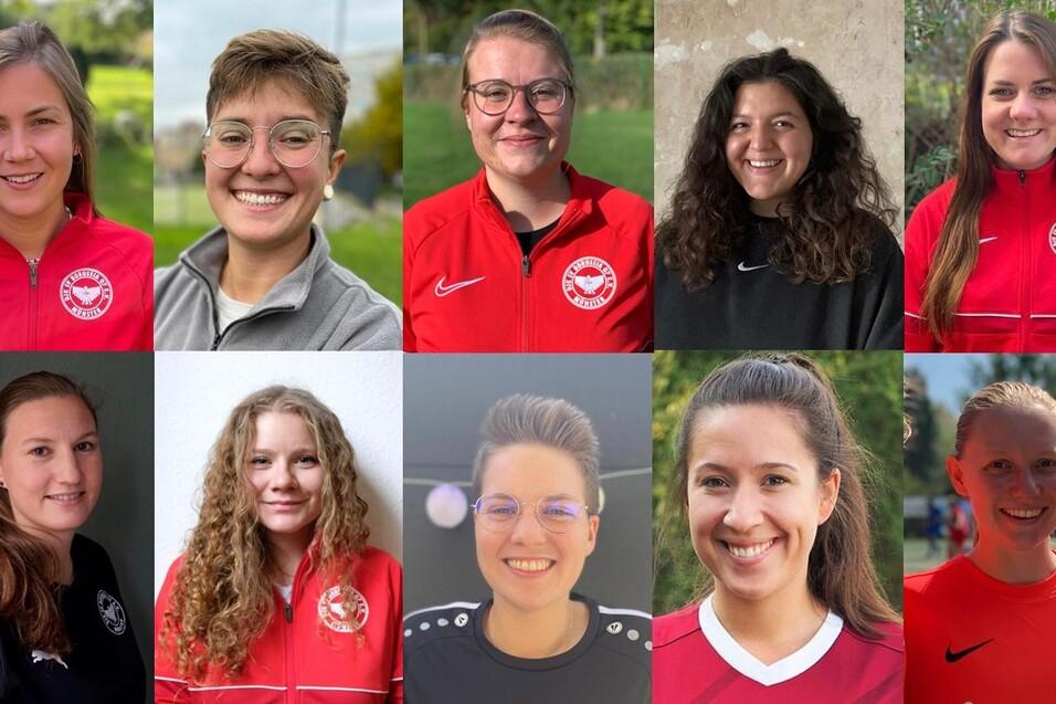 Collage von zehn Frauen in Sportbekleidung, l&auml;chelnd, auf verschiedenen Hintergr&uuml;nden, einige tragen Vereinsjacken.