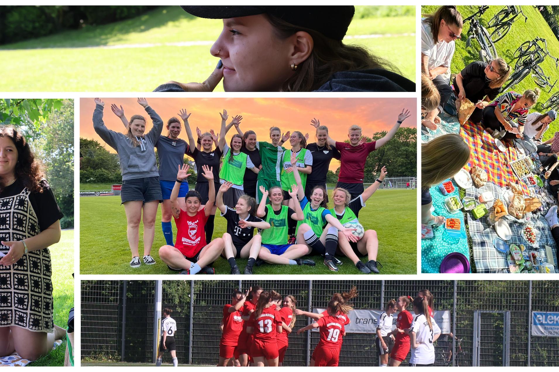 Collage aus f&uuml;nf Bildern: Frauen beim Fu&szlig;ball, Picknick, Gruppenaktivit&auml;t, Portr&auml;t und Landschaft auf einem Sportplatz.