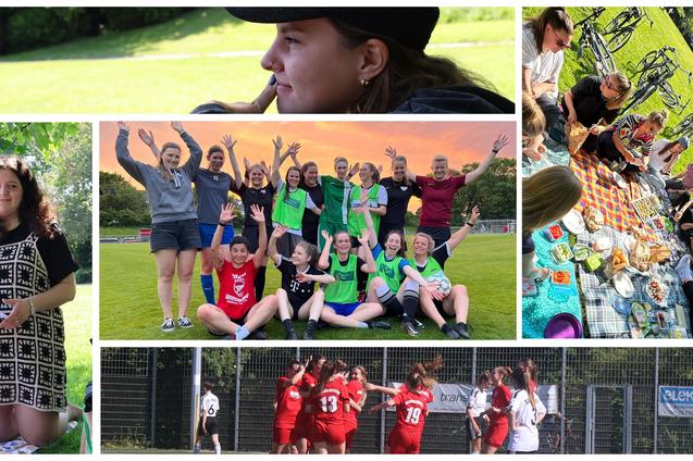 Collage aus f&uuml;nf Bildern: Frauen beim Fu&szlig;ball, Picknick, Gruppenaktivit&auml;t, Portr&auml;t und Landschaft auf einem Sportplatz.