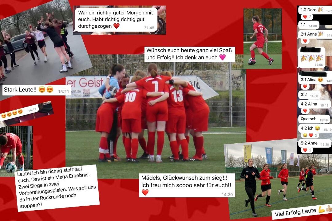 Collage von Fu&szlig;ballspielerinnen in roten Trikots, die sich motivierend umarmen, dazu Texte mit Gl&uuml;ckw&uuml;nschen und Anfeuerungen.