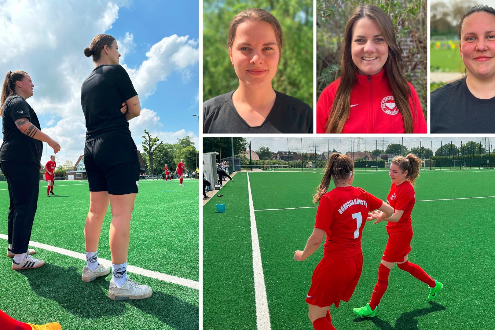 F&uuml;nf Frauen in Sportoutfits, zwei am Spielfeldrand, drei Portr&auml;ts und eine Spielsituation auf einem Kunstrasenplatz.