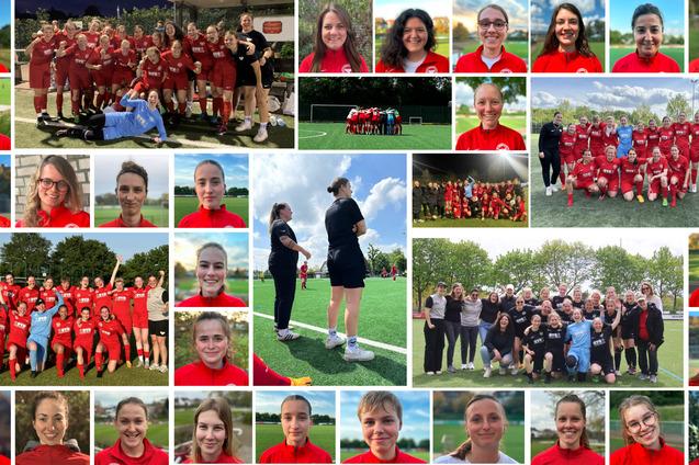 Collage von Sportlerinnen in roten Trikots, Gruppenfotos und Einzelportr&auml;ts auf einem Fu&szlig;ballplatz.