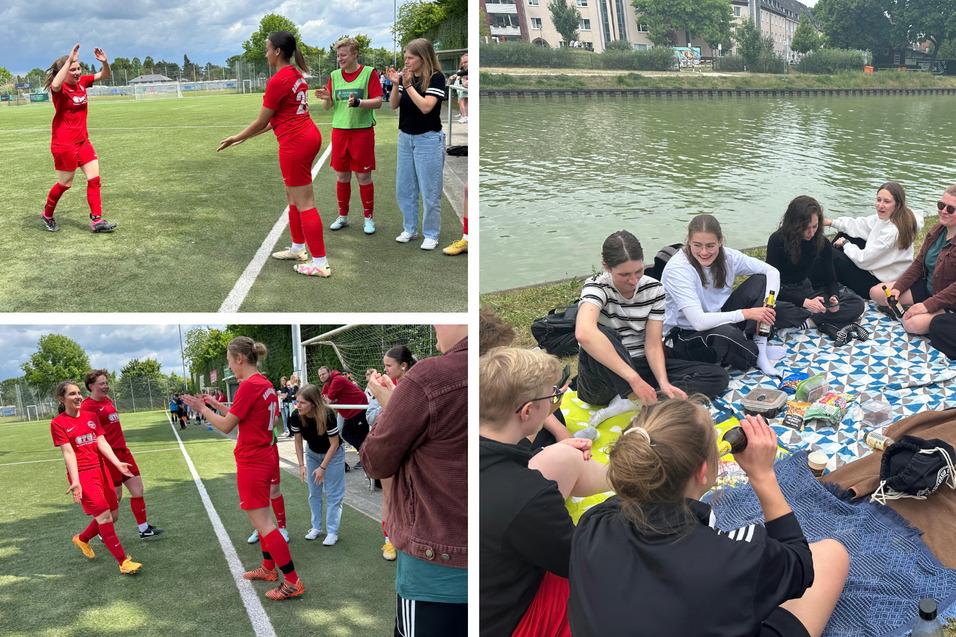 Gruppen von Jugendlichen feiern auf einem Fu&szlig;ballplatz und genie&szlig;en anschlie&szlig;end ein Picknick am Wasser.