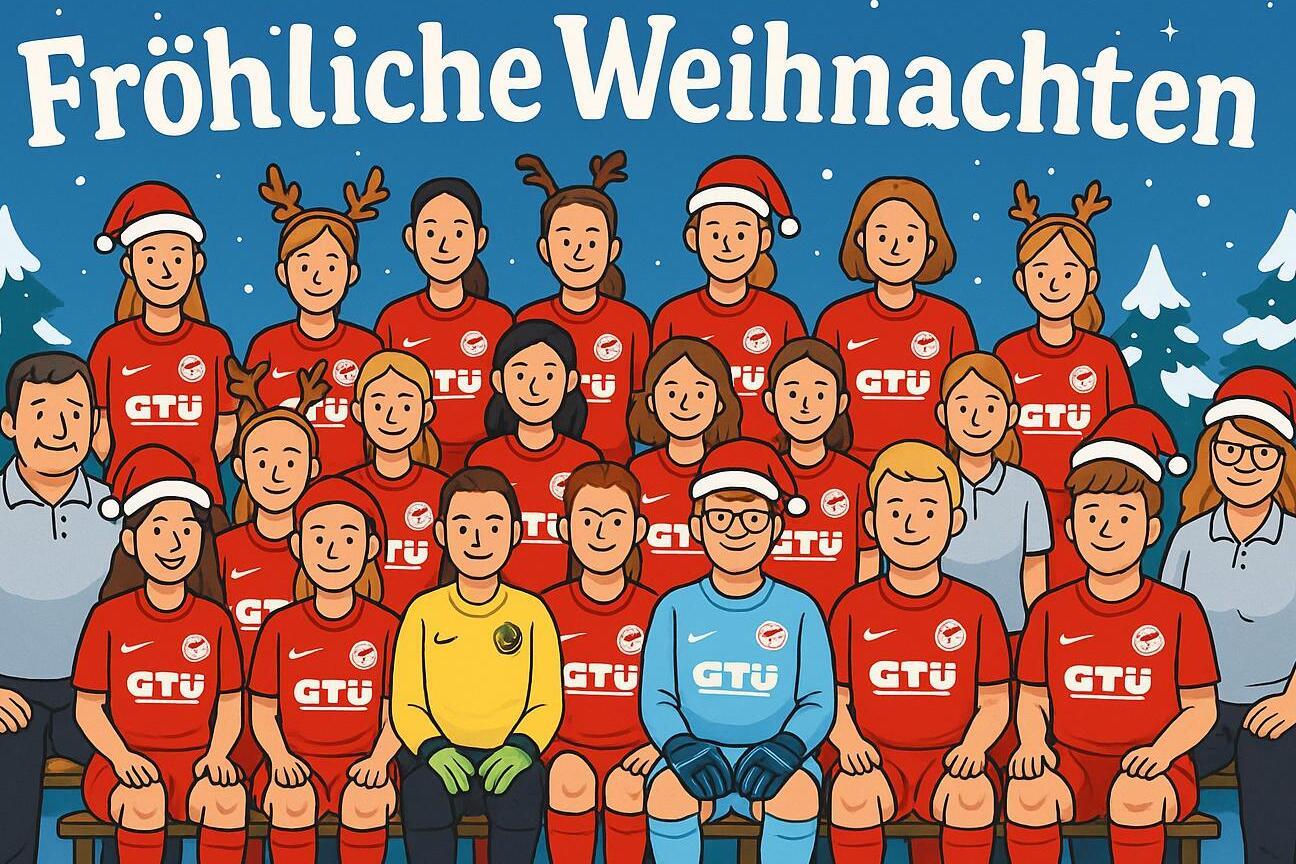 Illustration eines Fu&szlig;ballteams in roten Trikots mit Weihnachtsm&uuml;tzen, umgeben von Tannenb&auml;umen und dem Text &bdquo;Fr&ouml;hliche Weihnachten&ldquo;.