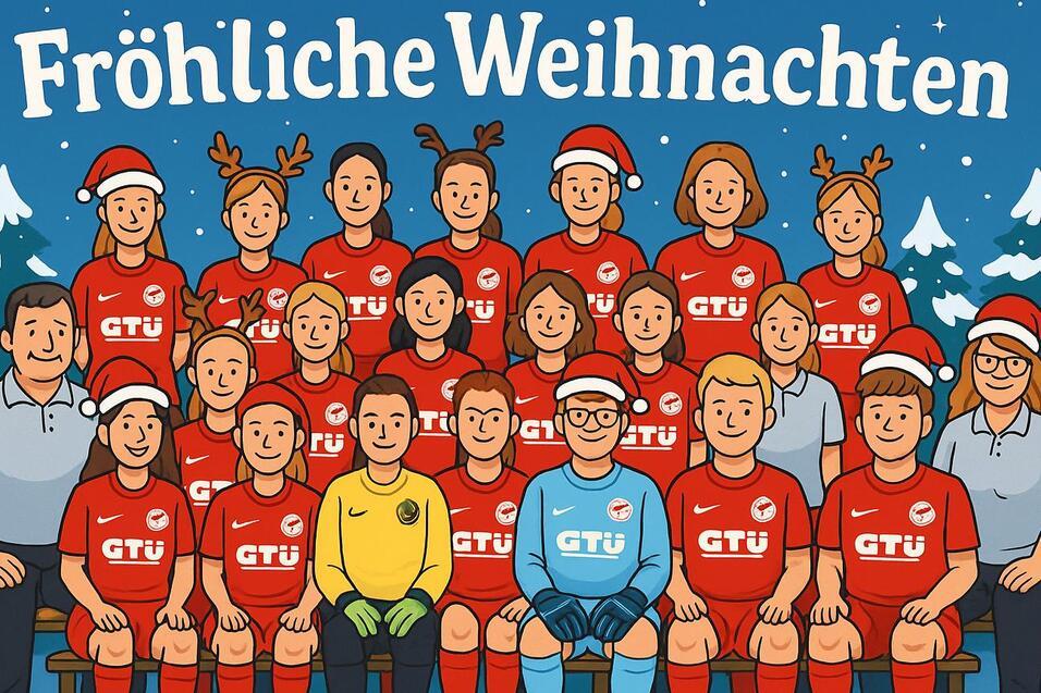 Illustration eines Fu&szlig;ballteams in roten Trikots mit Weihnachtsm&uuml;tzen, umgeben von Tannenb&auml;umen und dem Text &bdquo;Fr&ouml;hliche Weihnachten&ldquo;.